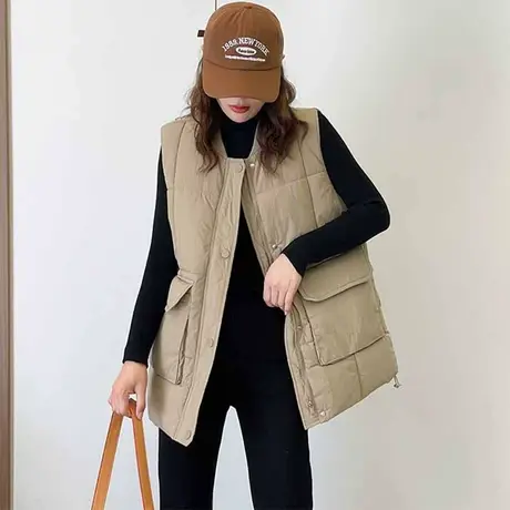 欧货2023秋冬新款时尚V领拉链羽绒棉马甲女慵懒风宽松棉坎肩马夹商品大图