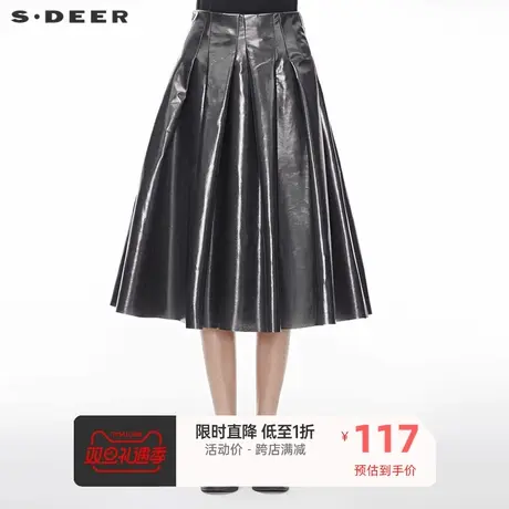 sdeer圣迪奥个性前卫撞色格纹波浪裙摆百褶纯色长裙S19381157图片