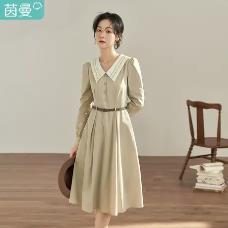 【商场同款】小灯笼长袖连衣裙女春装茵曼2023装新款撞色提花翻领图片