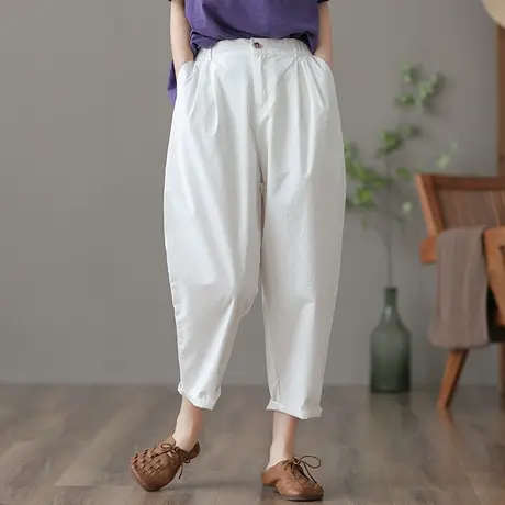 dza 高腰显瘦白色九分裤子女士夏季薄款纯棉休闲裤宽松阔腿直筒裤商品大图