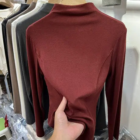 设计感气质半高领修身显瘦长袖T恤女2023秋装新款内搭打底衫上衣商品大图