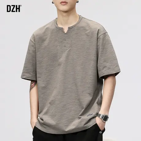 男士美式亨利领t恤男夏季短袖竹节棉上衣宽松体恤男装2023年新款商品大图