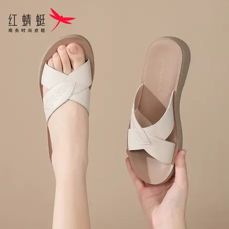 红蜻蜓女士平底一字拖沙滩拖鞋女2025新款外穿夏季凉拖鞋真皮妈妈图片