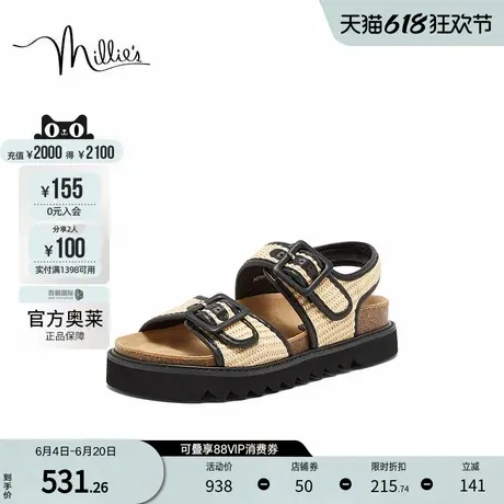 millie's妙丽2024夏季拉菲草编织复古时尚沙滩凉鞋女A0786BL4图片