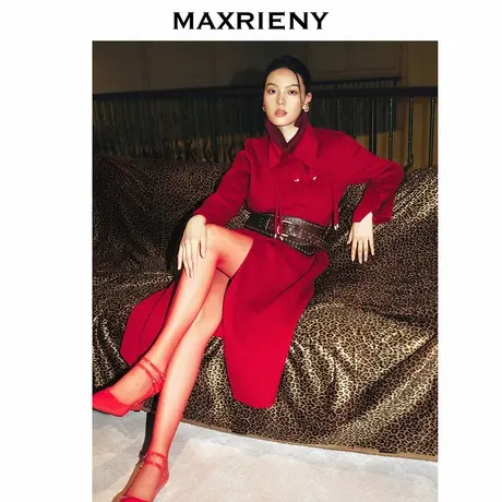MAXRIENY东方红韵羊毛大衣新年红氛围盘扣外套24冬新款高级气质感图片