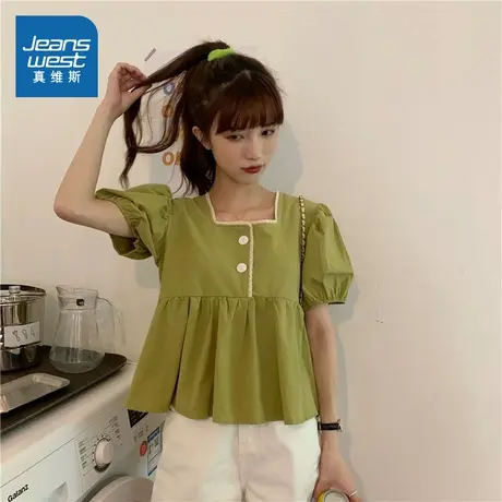 LE真维斯短袖衬衫2025夏季新款女士韩版甜美高级女装泡泡袖上衣女商品大图