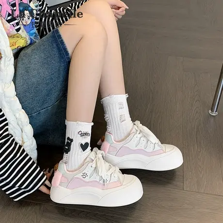 拉夏贝尔小白鞋女2025夏季新款樱花粉透气休闲厚底小众运动板鞋女商品大图