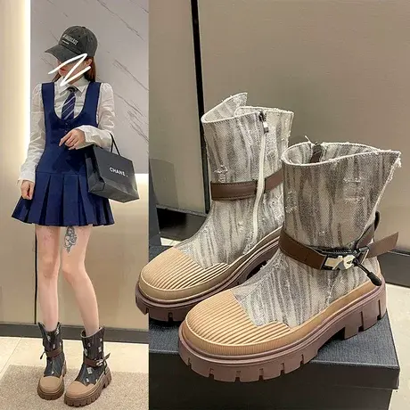 厚底增高马丁靴女秋季2023新款英伦风皮带装饰工装靴小众牛仔短靴图片