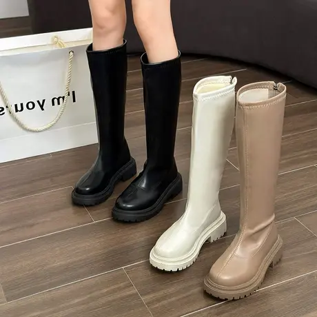 永希长筒靴女2023年春秋季新款复古高级洋气瘦瘦靴粗跟高跟骑士靴图片