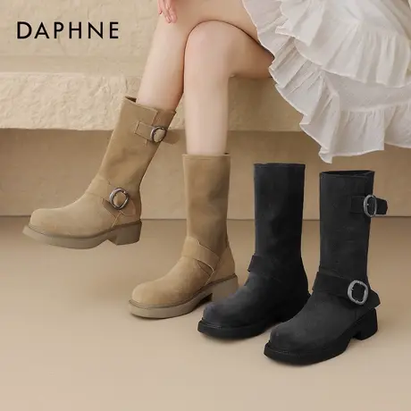 达芙妮中筒靴女2025新款秋冬款靴子新疆旅游磨砂西部牛仔靴马丁靴商品大图