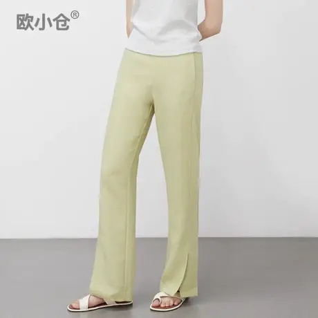 欧小仓慕斯系列自带拉腿效果阔腿裤松紧腰前开叉直筒醋酸垂感西裤图片