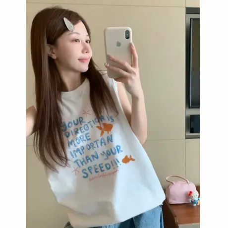 白色纯棉吊带背心女2025新款夏外穿坎肩宽松运动t恤美式无袖上衣商品大图