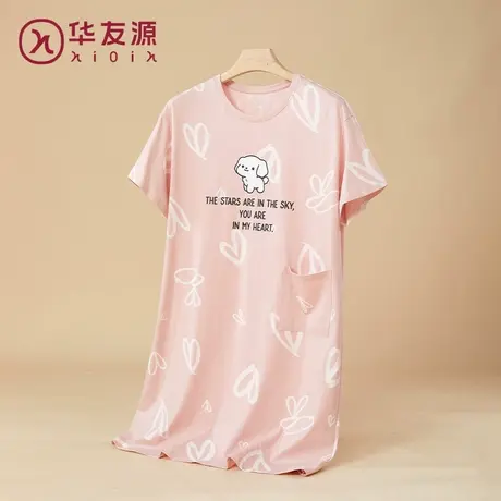 华友源女士纯棉印花短袖睡裙宽松大码春夏季柔软舒适可外穿中长裙图片