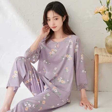 顶瓜瓜25年春夏新品女士家居服阳光棉套头圆领梦意女七分袖套装商品大图