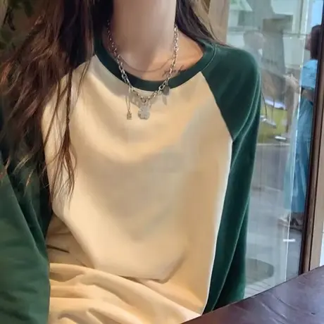 2023新款插肩袖T恤秋装百搭宽松显瘦拼接撞色内搭打底衫上衣ins潮图片