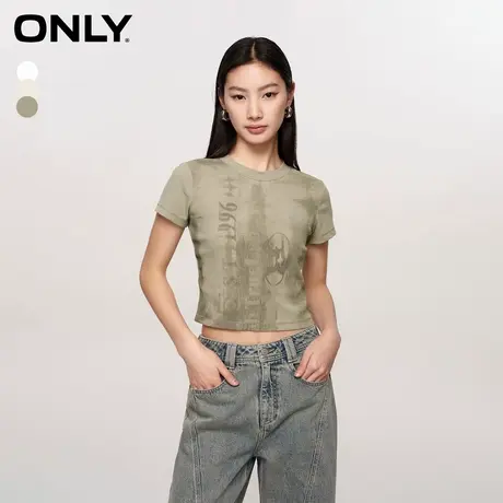 【ONLY奥莱清仓】秋季休闲时尚复古印花螺纹修身短袖T恤女商品大图