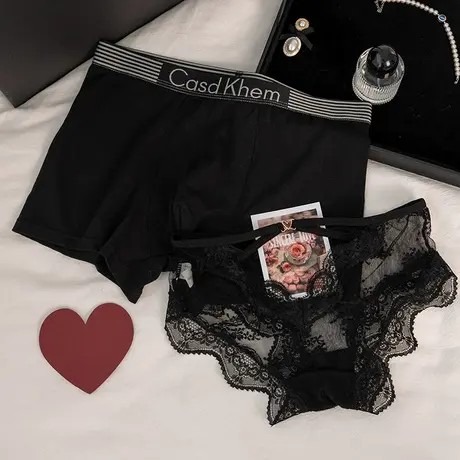 黑欲交织~情侣内裤夏季一男一女性感网纱纯欲蕾丝三角黑色平角裤商品大图