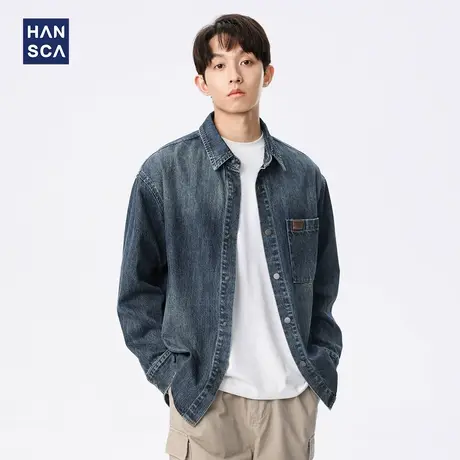 hansca重磅竹节纹牛仔衬衫男2025春秋季潮牌休闲痞帅复古衬衣外套商品大图