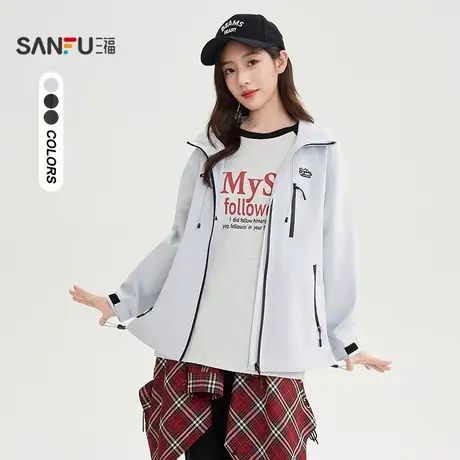 #三福单外套2025秋季刺绣魔术贴袖口宽松连帽冲锋衣女装507446商品大图