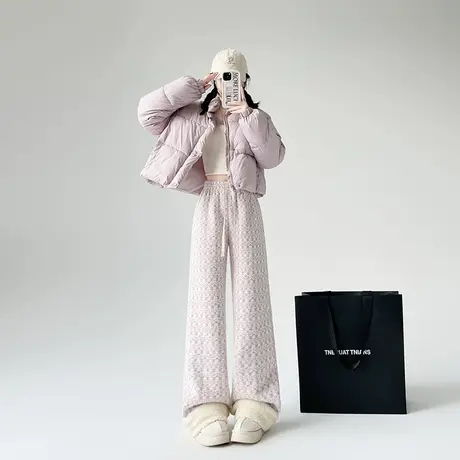 羊羔绒阔腿裤子女秋冬2025新款高腰宽松垂感直筒加绒加厚休闲棉裤商品大图