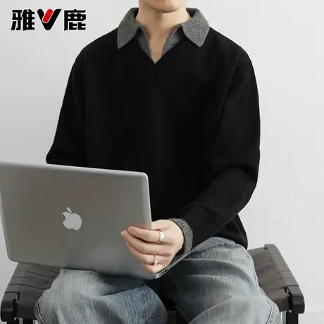 雅鹿针织衫男 2025秋冬季新款轻熟风衬衫领假两男港风宽松毛衣男图片