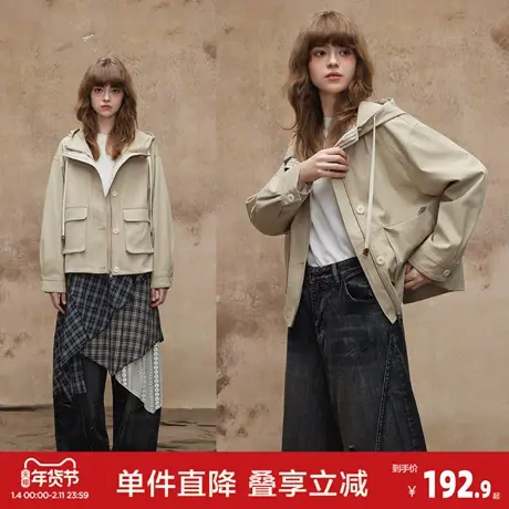 唐狮2026秋季新款假两件连帽风衣女休闲小个子宽松减龄工装外套商品大图