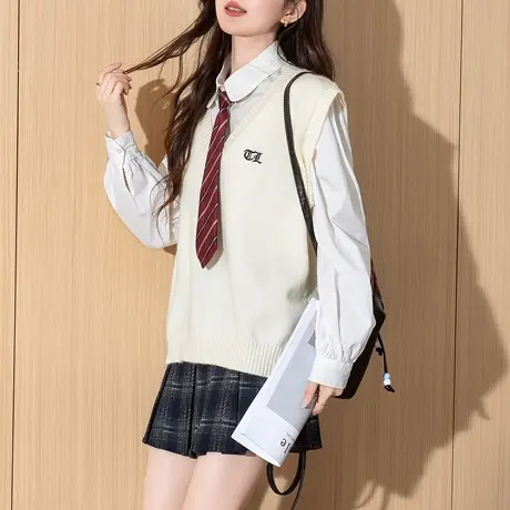 唐狮秋冬新款V领针织衫女毛衣背心白色马甲简约小刺绣上衣ydTD商品大图