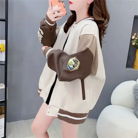 设计感PU皮袖棒球服卫衣开衫女春秋新款宽松洋气网红夹克上衣外套图片