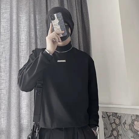 秋季长袖T恤男ins新款纯色小众半高领高级感卫衣休闲打底衫体恤图片