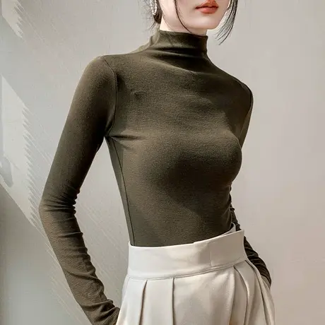 欧货半高领长袖T恤女2023秋冬新品内搭洋气上衣纯色修身打底衫图片