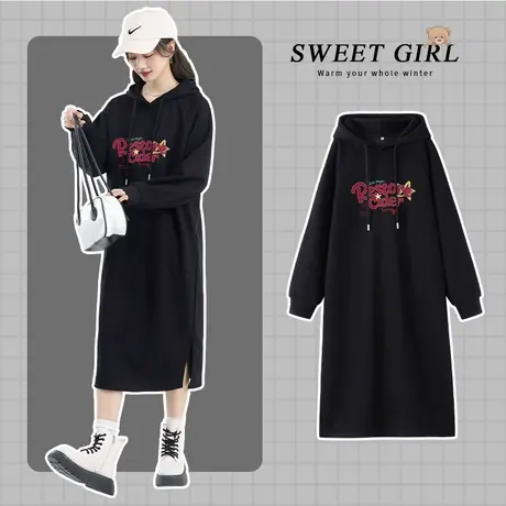 VR真维斯黑色长裙秋装女2023新款过膝连帽卫衣裙高级感宽松连衣裙图片