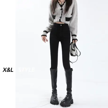 黑色小脚牛仔裤女秋冬2023新款高腰修身加绒小个子弹力百搭铅笔裤图片