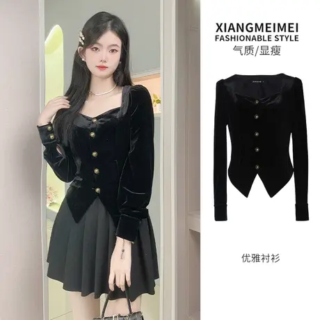 黑色丝绒衬衫女士春秋季2023新款高端气质高腰小个子短款复古上衣商品大图