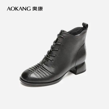 【门店发货】奥康女鞋冬新款加绒保暖时装靴短靴女士系带妈妈鞋商品大图