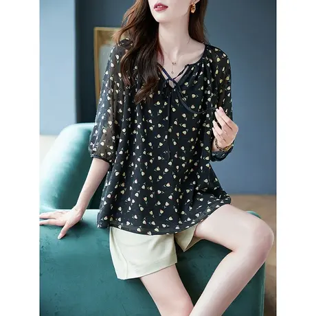 宝诗黎V领系带印花雪纺衫宽松上衣女2023夏季新款五分袖套头衬衣商品大图