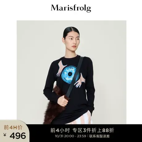 【天然亲肤系列】玛丝菲尔上衣冬季新黑色印花新疆棉长袖圆领上衣商品大图