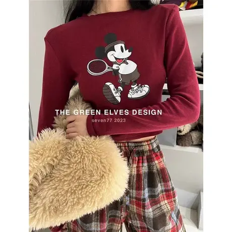 韩国东大门2023冬季新款趣味减龄印花修身百搭显瘦圆领短款打底衫商品大图