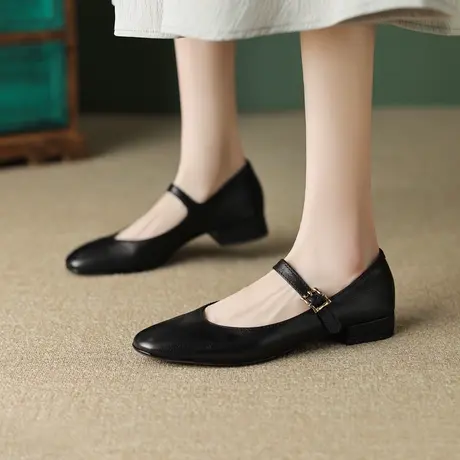 单鞋女真皮低跟2023春秋新款浅口平底软皮舒适小圆头粗跟四季鞋子图片