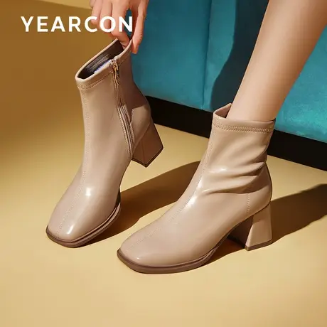 意尔康方头时装靴法式粗跟小踝靴女瘦瘦短靴通勤百搭中筒靴子秋冬图片