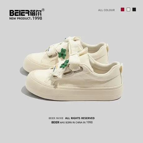 蓓尔黑色帆布鞋女2023年新款春夏秋季小众设计感低帮厚底休闲板鞋图片