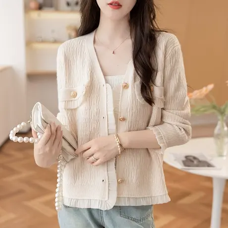 23072新款韩版宽松女士开衫毛衣外套上衣v领针织衫百搭长袖女商品大图