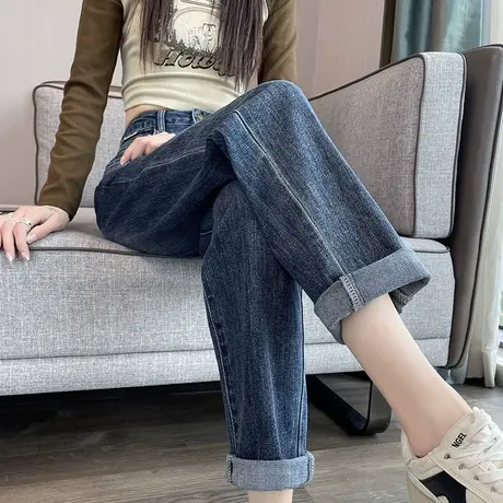 复古老爹牛仔裤女秋季新款梨形身材高腰宽松显瘦卷边直筒哈伦裤子图片