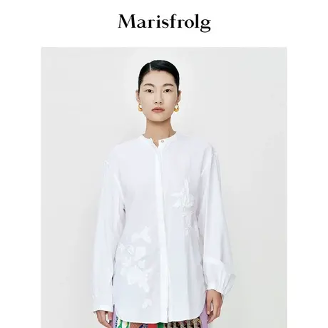 【商场同款】玛丝菲尔衬衣夏季新款落肩灯笼袖白色纯棉长袖衬衫女商品大图