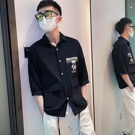 夏季男士衬衫衬衣短袖宽松七分袖中袖潮流休闲帅气发型师条纹外套商品大图