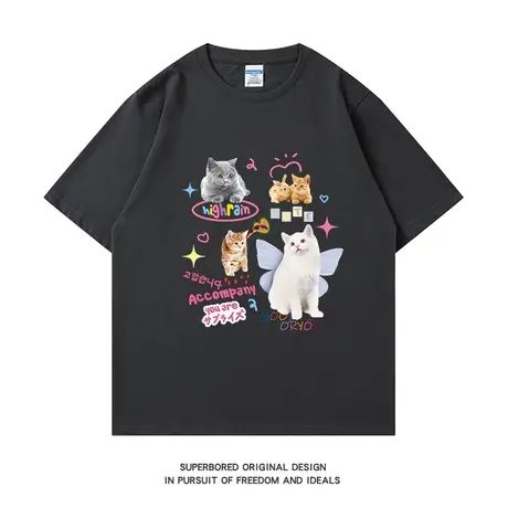 美式休闲卡通趣味可爱猫咪短袖t恤男夏季纯棉宽松半袖体恤衫商品大图