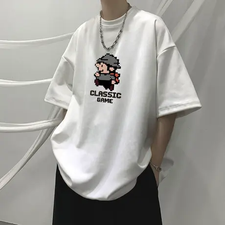 麂皮绒T恤男夏季港风潮流宽松休闲上衣潮牌潮流男士高街短袖体恤商品大图