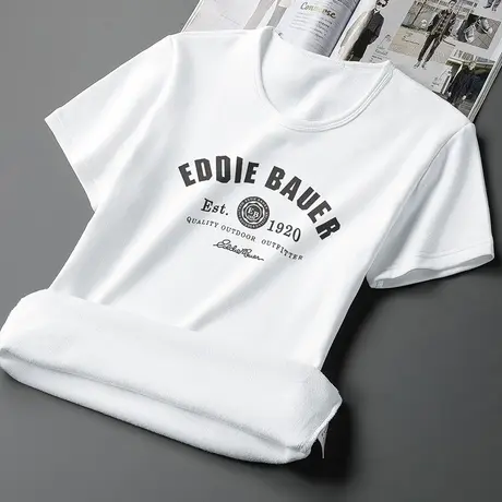 白色t恤男士短袖圆领上衣服保暖加绒加厚半袖体恤打底衫潮流百搭图片