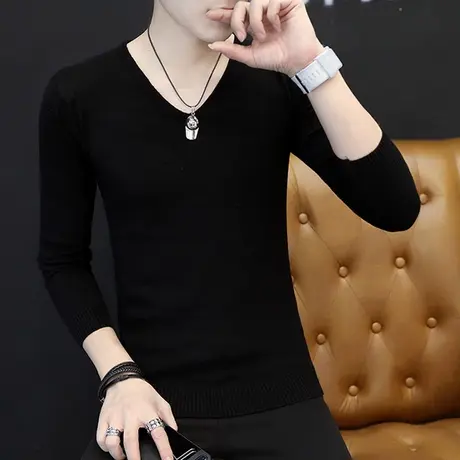 男士毛衣V领秋冬季黑色加绒打底针织衫韩版修身纯色潮流男装线衣商品大图