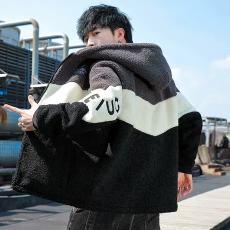 连帽夹克男港风潮牌颗粒绒秋冬韩版潮流宽松羊羔毛上衣服学生外套商品大图