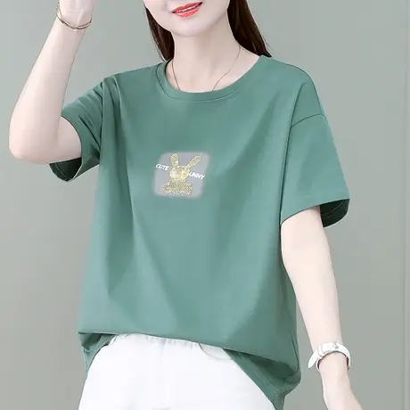 纯棉宽松t恤女2024年春夏季新款时尚灰绿色短袖上衣大码女装体恤商品大图